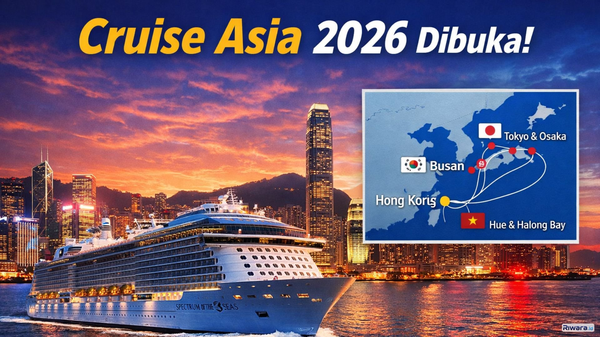 apal pesiar Spectrum of the Seas milik Royal Caribbean bersandar di Hong Kong. Kapal kelas Quantum Ultra ini akan menjadikan Hong Kong sebagai homeport utama untuk pelayaran Asia musim 2026&ndash;2027 dengan rute ke Jepang, Korea Selatan, dan Vietnam.